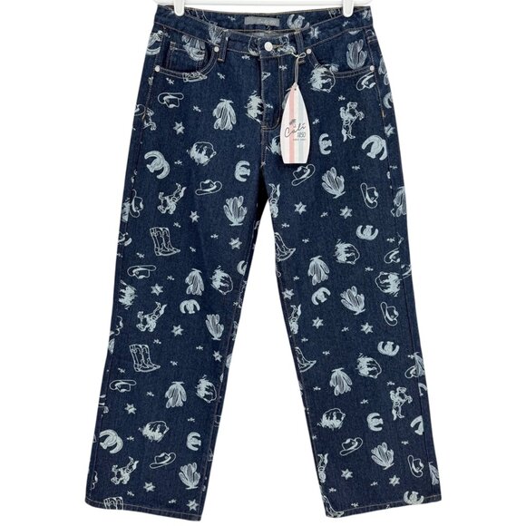 Cali 1850 Women's Wide Leg Mid Rise Western Print Blue Denim Jeans Size 9/29 NWT - Picture 1 of 10